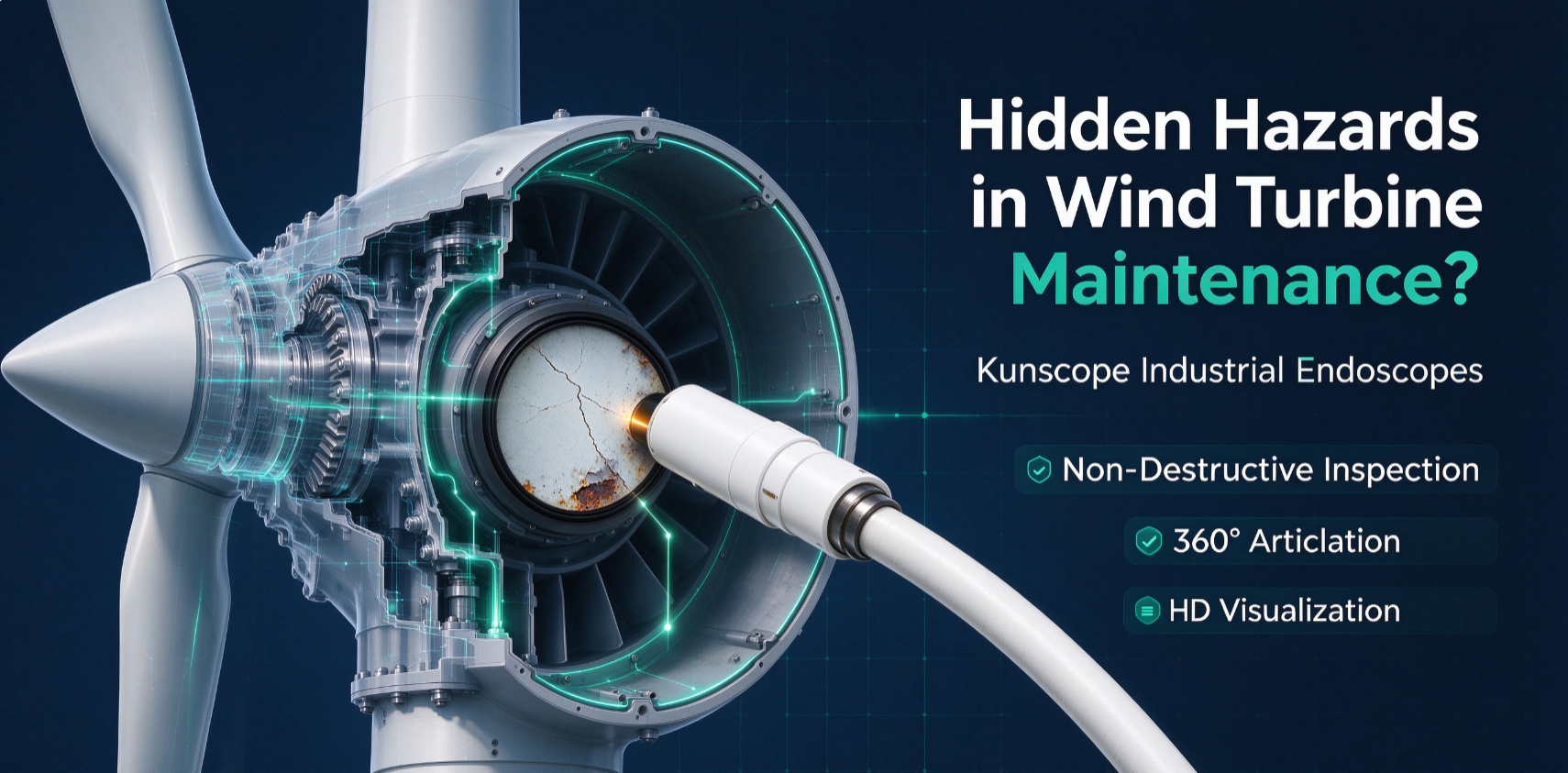 Hidden Hazards in Wind Turbine Maintenance? Kunscope Industrial Endoscopes Deliver Non-Destructive Internal Inspection.